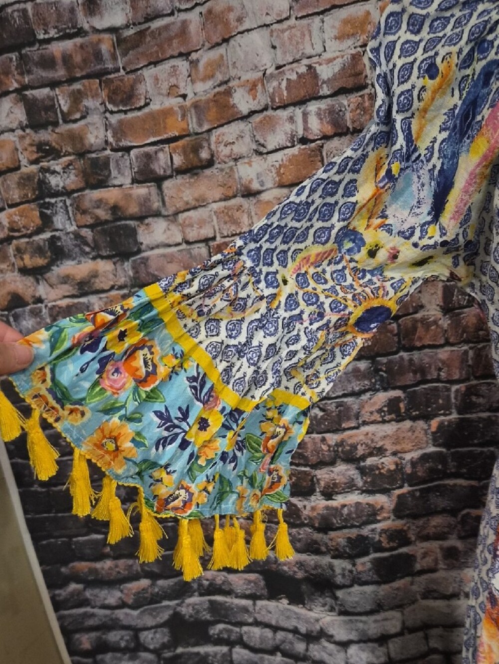 Antica Sortoria Embroidered Floral Long-Sleeve Tassel Dress in Blue and Yellow - Picture 5 of 12